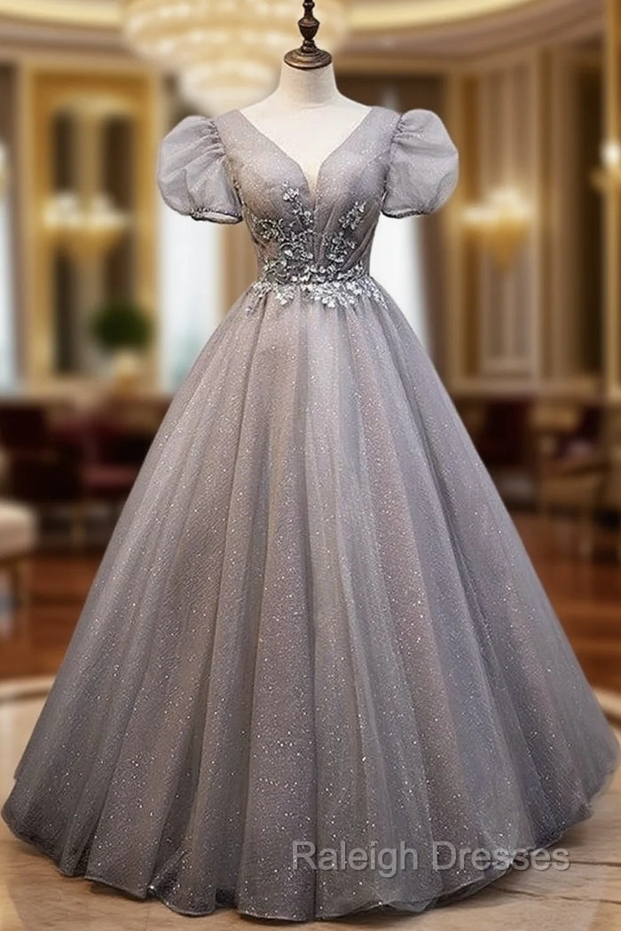 Gray Tulle V-neck Puff Sleeve Beading Prom Dress