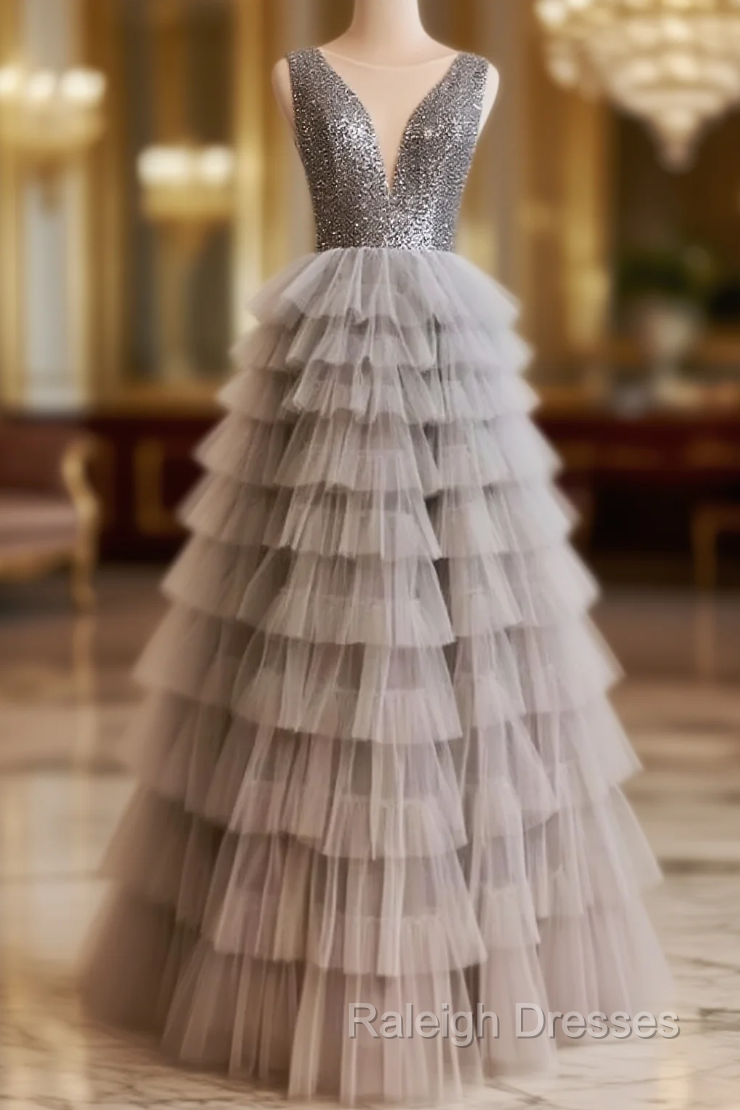 Gray Tulle V-neck Sequins Tiers Prom Dress