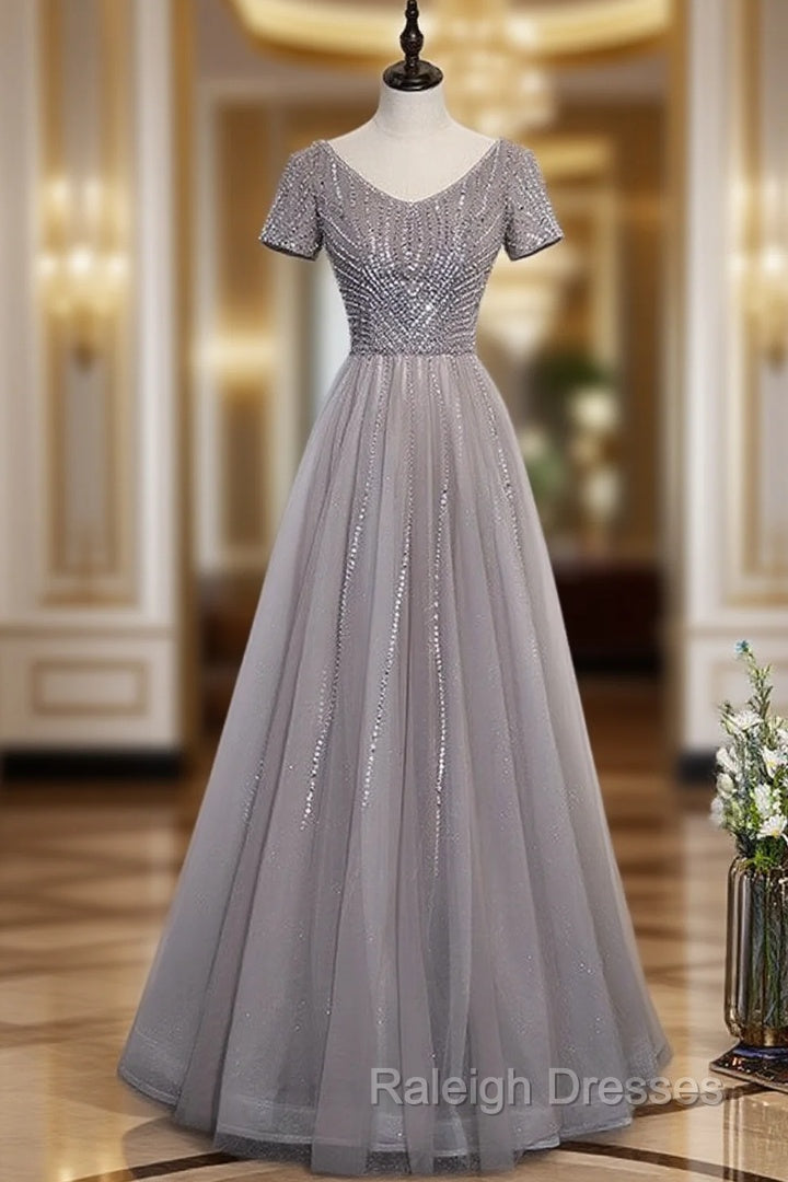 Gray Tulle V Neck Short Sleeve Beading Sequins Prom Dress