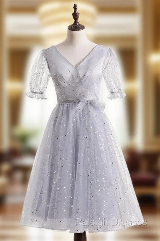 Gray Tulle V Neck Short Sleeve Prom Dress Main image