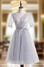 Gray Tulle V Neck Short Sleeve Prom Dress