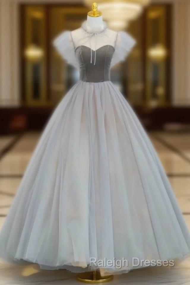 Gray Tulle Velvet Beading Prom Dress Main image