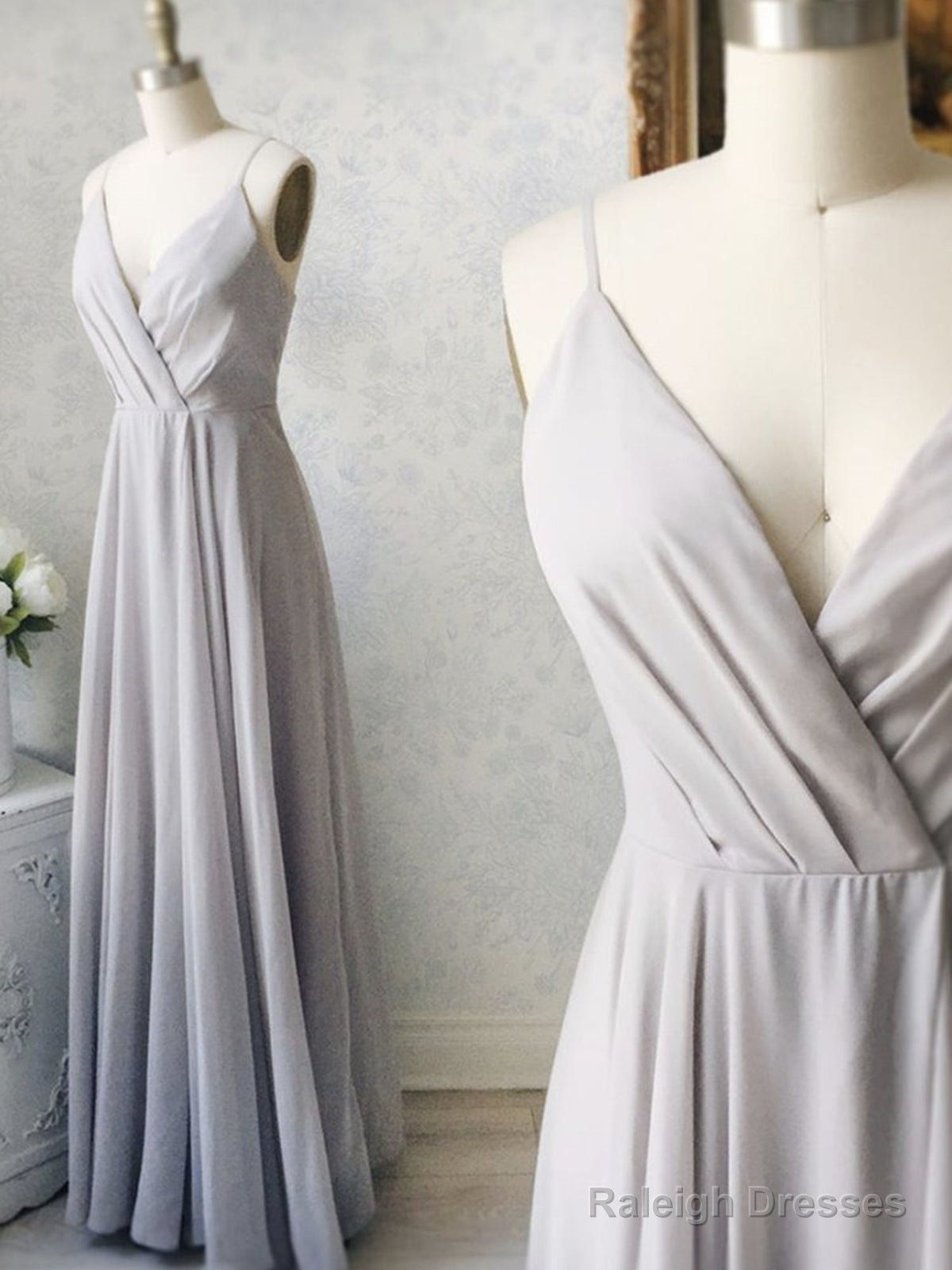 Gray V Neck Chiffon Long Prom Dress Gray V Neck Long Prom Bridesmaid Dress Main image