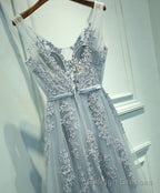 Gray V Neck Lace Tulle Long Prom Dress, Lace Evening Dress
