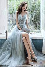 Gray V Neck Tulle Beads Long Prom Dress Beads Tulle Evening Dress