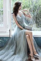 Gray V Neck Tulle Beads Long Prom Dress Beads Tulle Evening Dress