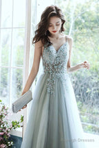 Gray V Neck Tulle Beads Long Prom Dress Beads Tulle Evening Dress