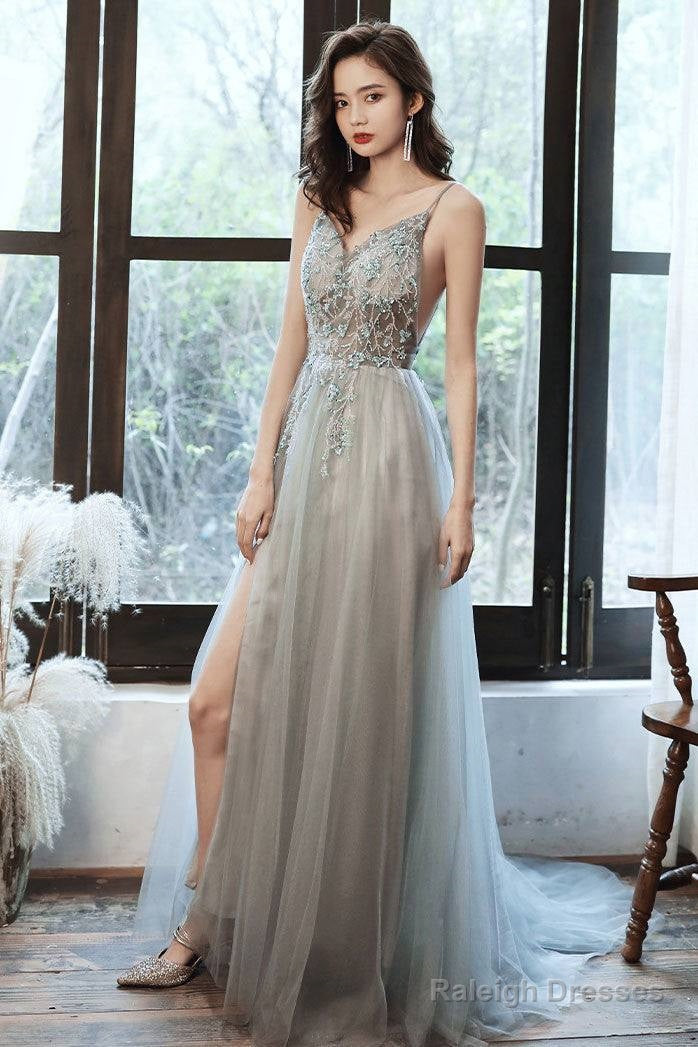 Gray V Neck Tulle Beads Long Prom Dress Beads Tulle Evening Dress Main image
