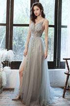 Gray V Neck Tulle Beads Long Prom Dress Beads Tulle Evening Dress