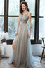 Gray V Neck Tulle Beads Long Prom Dress Beads Tulle Evening Dress