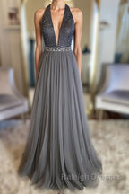 Gray v neck tulle beads long prom dress, gray tulle formal dress