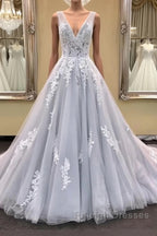 Gray v neck tulle lace applique long prom Dresses gray Prom Dresses