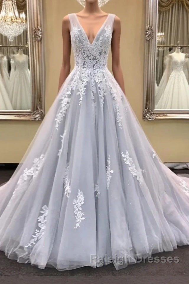 Gray v neck tulle lace applique long prom Dresses gray Prom Dresses