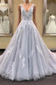 Gray v neck tulle lace applique long prom Dresses gray Prom Dresses