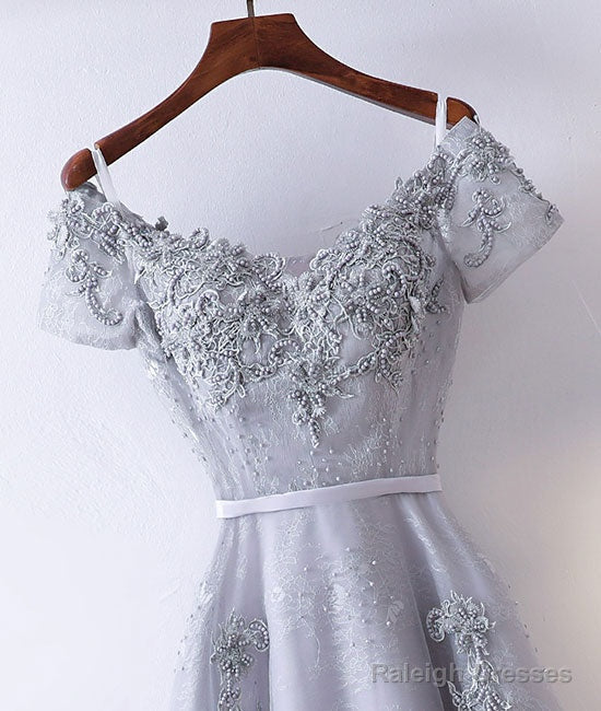 Gray V Neck Tulle Lace Applique Long Prom Dress, Lace Evening Dress