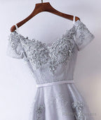 Gray V Neck Tulle Lace Applique Long Prom Dresses Lace Prom Dresses