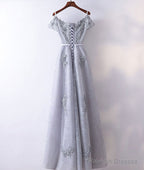 Gray V Neck Tulle Lace Applique Long Prom Dresses Lace Prom Dresses