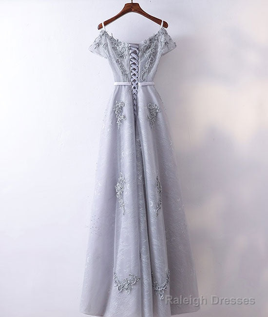 Gray V Neck Tulle Lace Applique Long Prom Dresses Lace Prom Dresses
