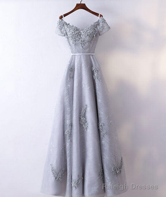 Gray V Neck Tulle Lace Applique Long Prom Dress, Lace Evening Dress Main image