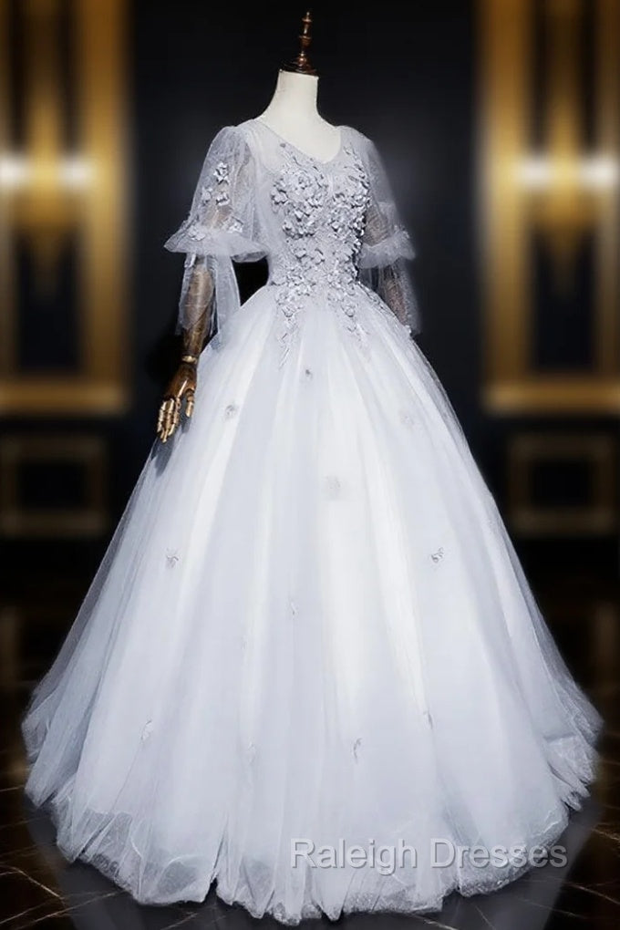 Gray V Neck Tulle Lace Long Prom Dress, Gray Lace Evening Dress