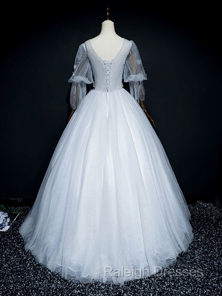 Gray V Neck Tulle Lace Long Prom Dresses Gray Lace Prom Dresses