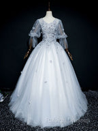 Gray V Neck Tulle Lace Long Prom Dresses Gray Lace Prom Dresses