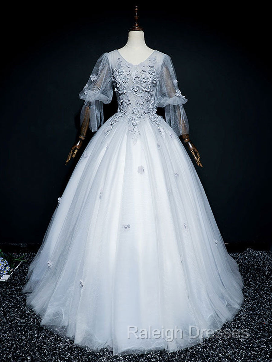 Gray V Neck Tulle Lace Long Prom Dresses Gray Lace Prom Dresses