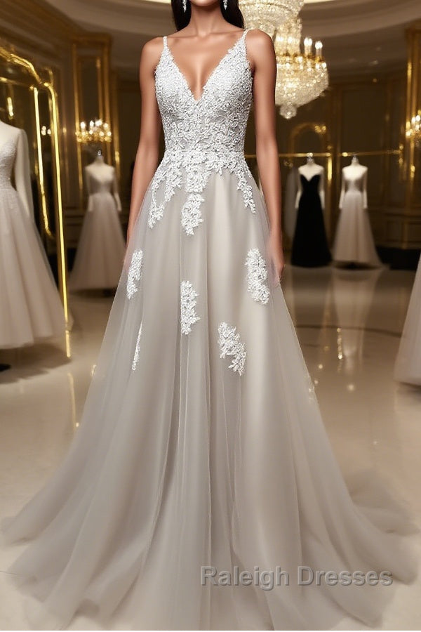 Gray v neck tulle lace long prom dress, gray tulle evening dress Main image