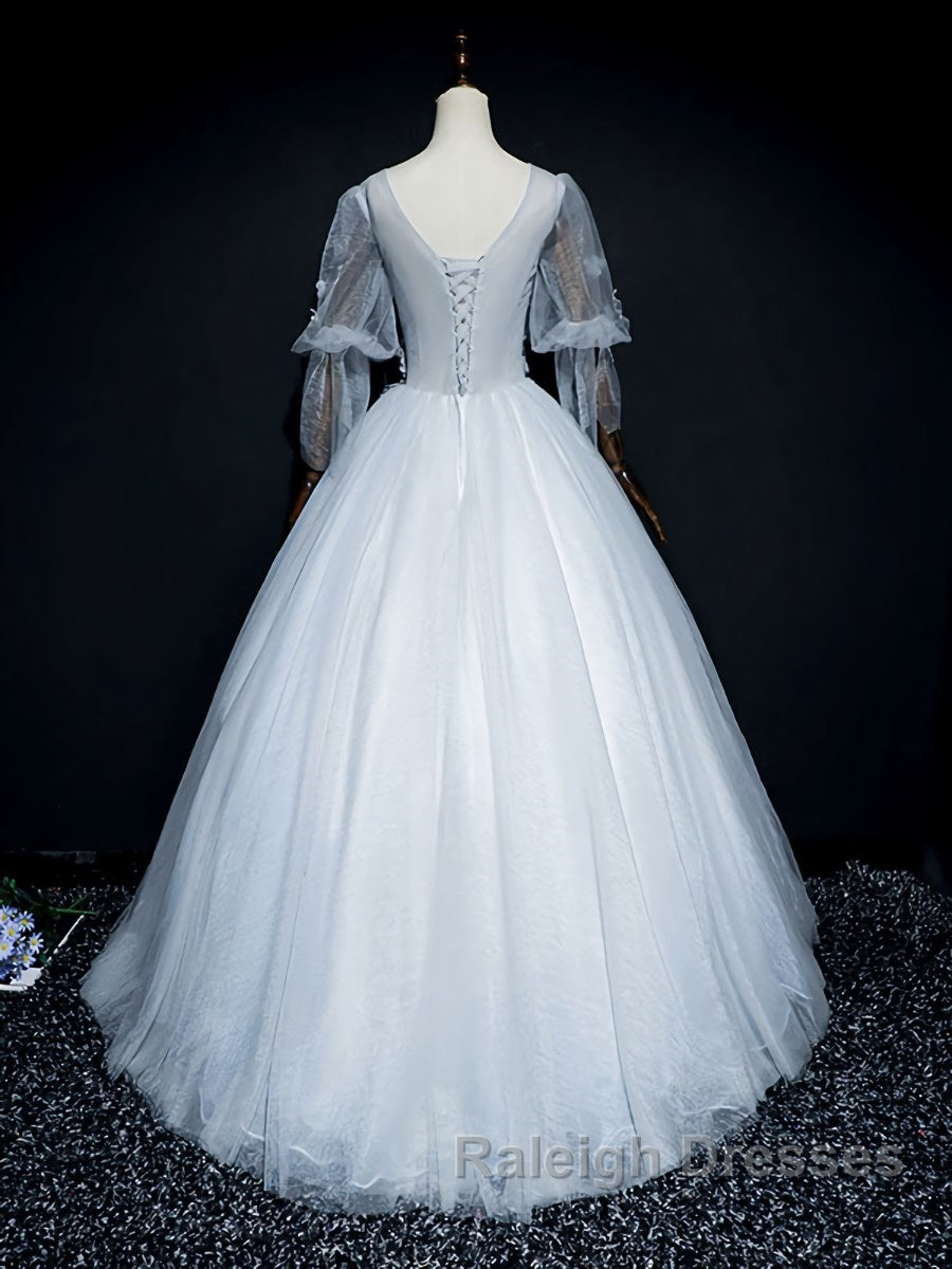 Gray v neck tulle lace long prom dress, gray tulle lace evening dress