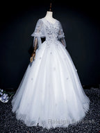 Gray v neck tulle lace long prom dress, gray tulle lace evening dress