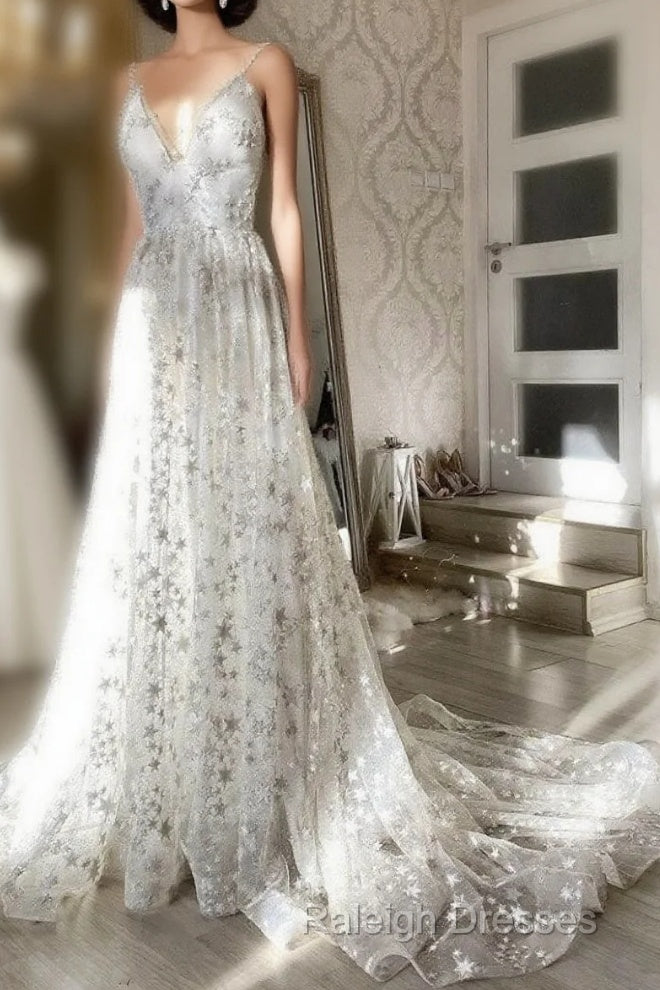 Gray V Neck Tulle Long Prom Dress Gray Evening Dress