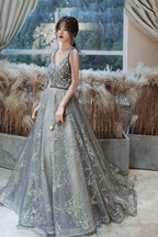 Gray V-Neck Tulle Long Prom Dress With Sequins, A-Line Graduation Dress