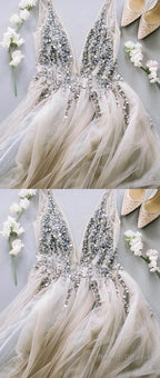 Gray V Neck Tulle Sequin Beads Long Prom Dresses Gray Tulle Prom Dresses