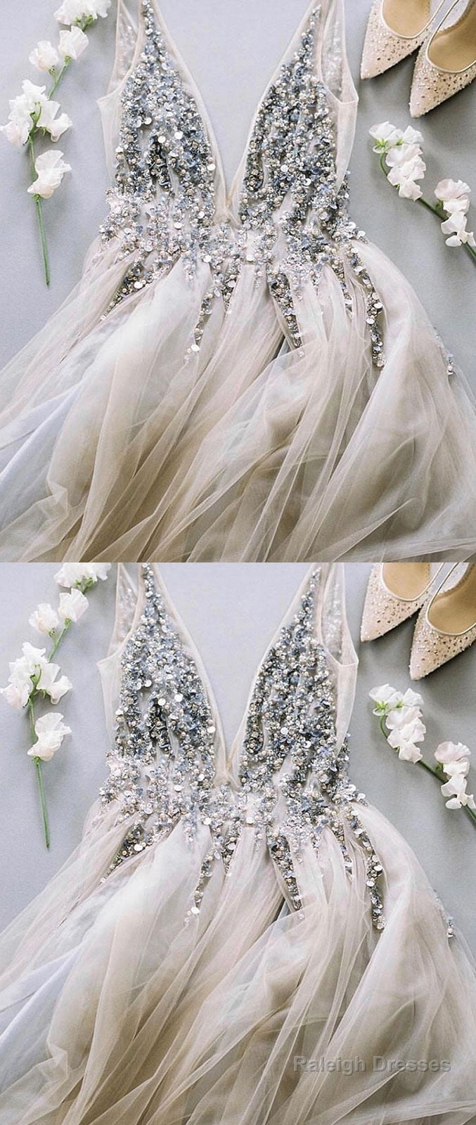 Gray V Neck Tulle Sequin Beads Long Prom Dresses Gray Tulle Prom Dresses