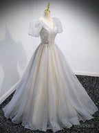 Gray v neck tulle sequin long prom dress, gray tulle formal dress