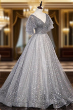 Gray V-Neck Tulle Sequins Long Prom Dress, A-Line Short Sleeve Evening Dress