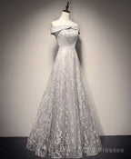 Gray White Tulle Lace Long Prom Dress Tulle Lace Formal Dress