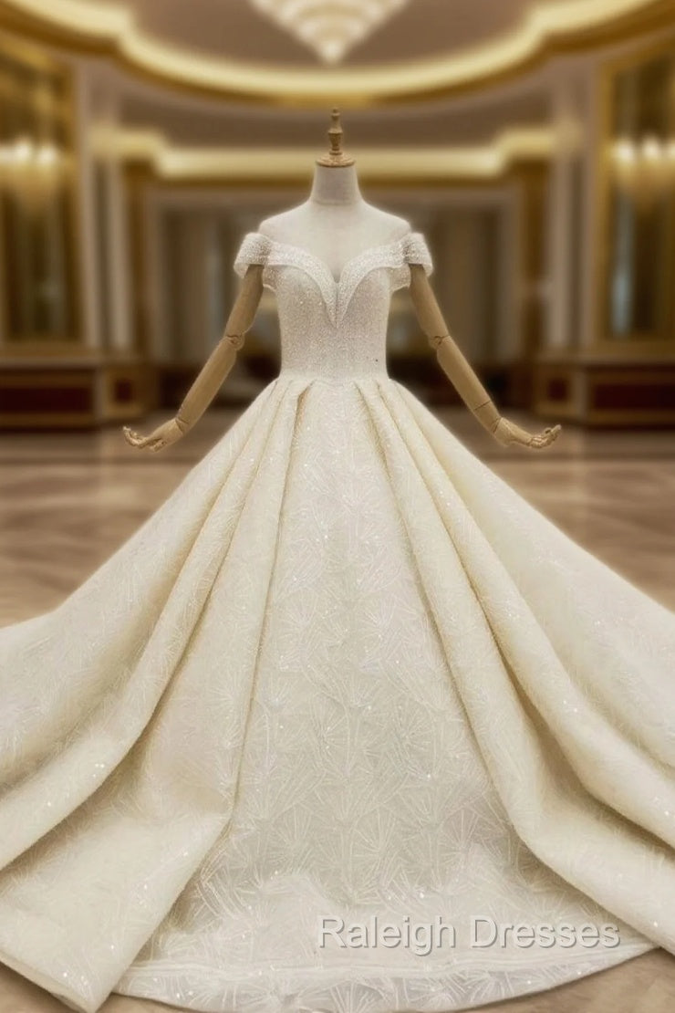 Great Choice Champagne Ball Gown Sequins Cap Sleeve Beading Wedding Dress