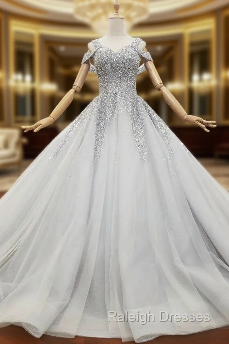Great Choice Gray Ball Gown Tulle Straps Sleeveless Beading Sequins Wedding Dress