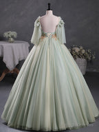 Green A-Line 3D Lace Long Prom Dress, Green Lace Sweet 16 Dress