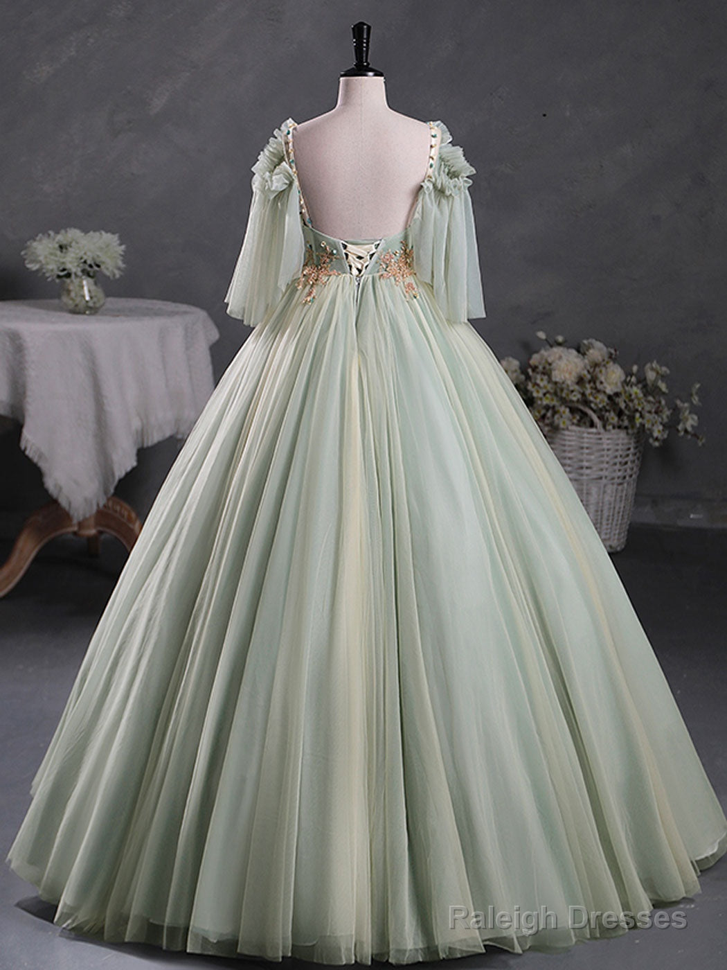 Green A-Line 3D Lace Long Prom Dresses Green Lace Sweet 16 Dresses Secondary image