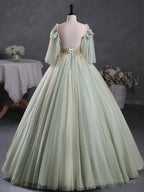Green A-Line 3D Lace Long Prom Dresses Green Lace Sweet 16 Dresses