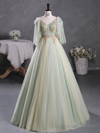 Green A-Line 3D Lace Long Prom Dress, Green Lace Sweet 16 Dress
