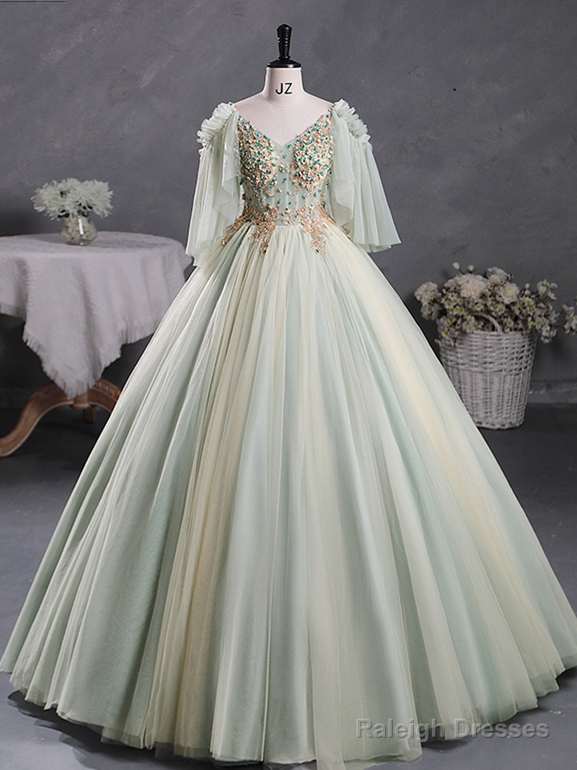 Green A-Line 3D Lace Long Prom Dress, Green Lace Sweet 16 Dress