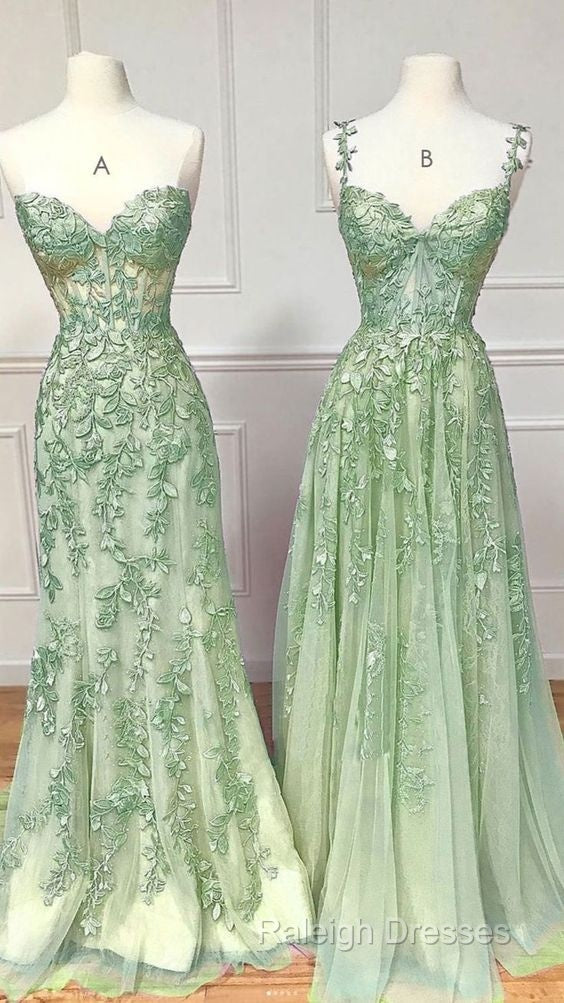 Green A Line Applique Mermaid Lace Long Prom Dress