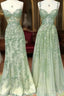 Green A-Line Applique Mermaid Lace Long Prom Dresses