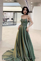 Green A-Line Backless Long Prom Dresses, Evening Dresses