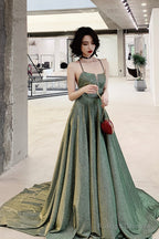 Green A-Line Backless Long Prom Dresses, Evening Dresses
