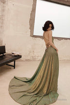 Green A-Line Backless Long Prom Dresses, Evening Dresses