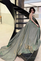 Green A-Line Backless Long Prom Dresses, Evening Dresses